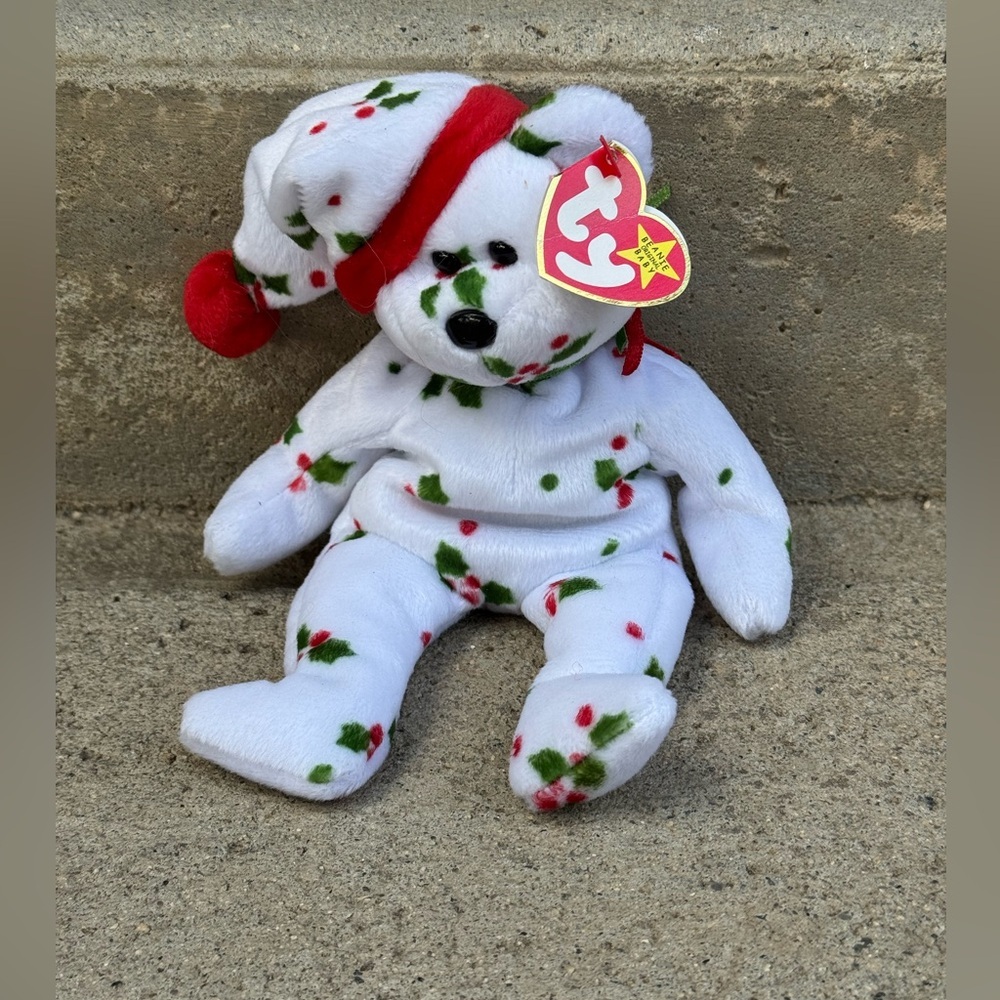 VTG Holiday Teddy TY Beanie Baby 1998‎ Holly Print Christmas Bear Plush